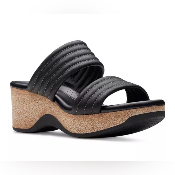 CLARKS Women's Chelseah Path Slide Wedge Leather Sandals Black Size 8 AUTHENTIC - Picture 1 of 7